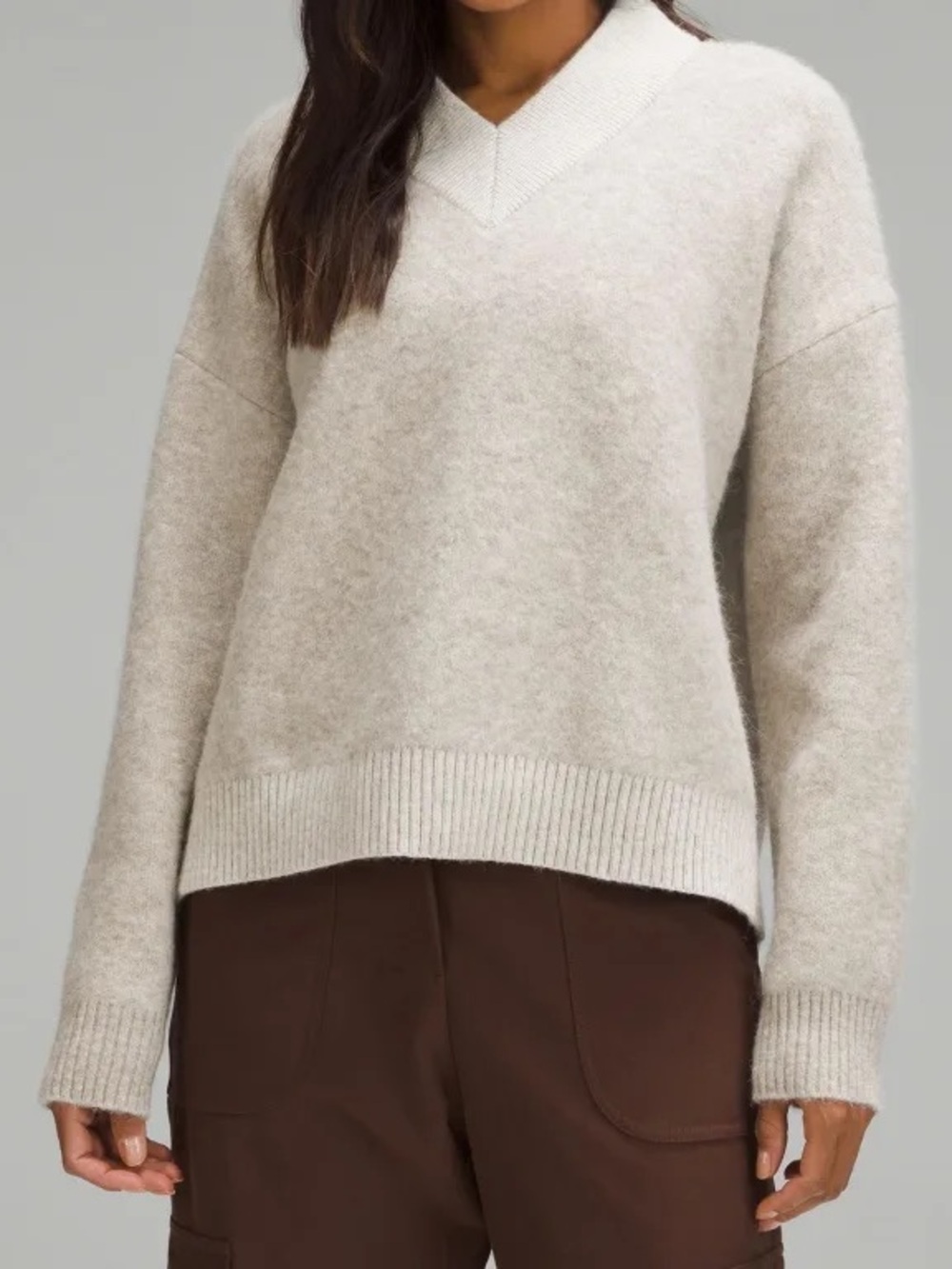 Lululemon Womens Small Heather Beige Alpaca Merino Wool V-Neck Sweater LW3GXZS